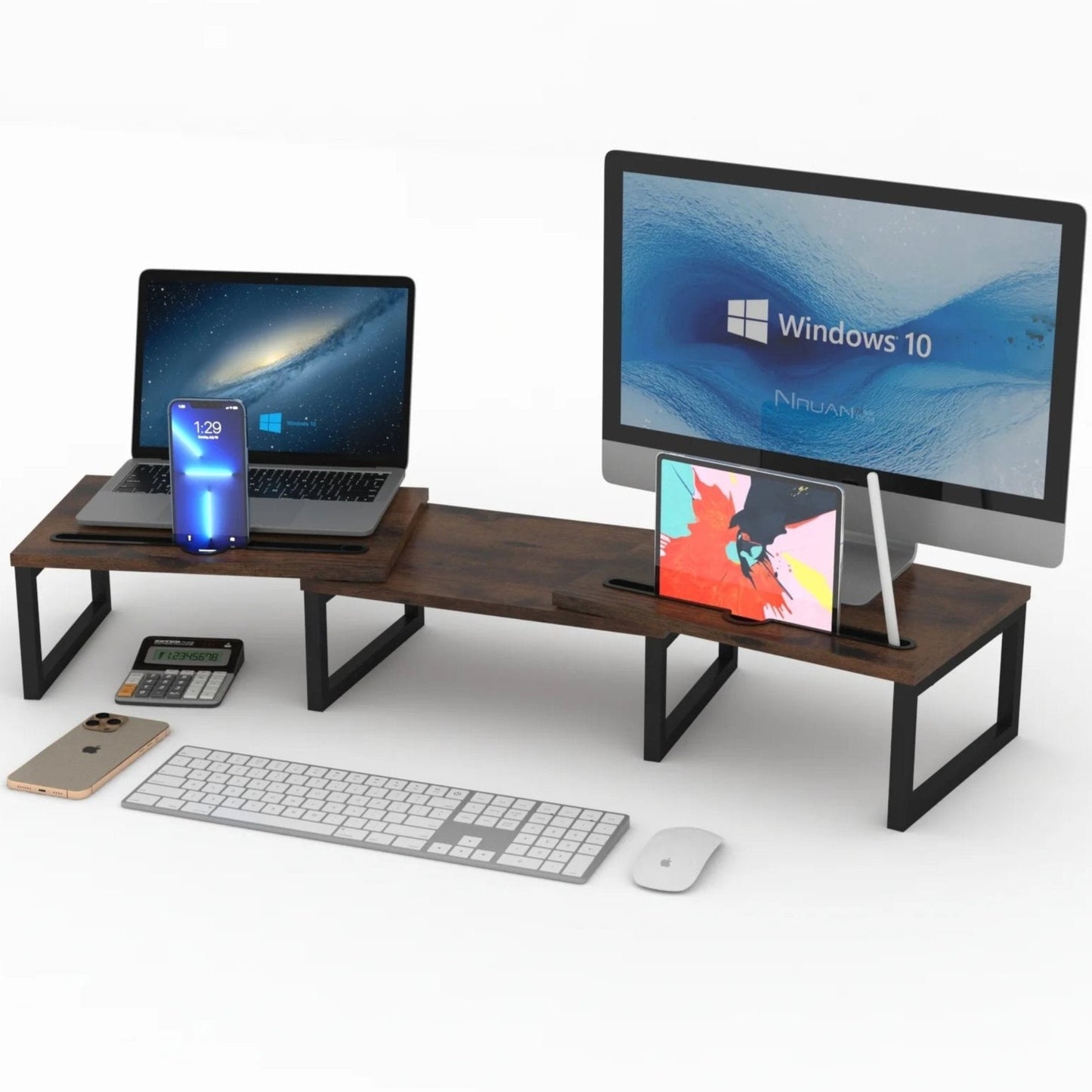 Monitor Stand Riser, Dual Computer Monitor Stand with Pen Slot, Adjustable Length and Angle, Brown