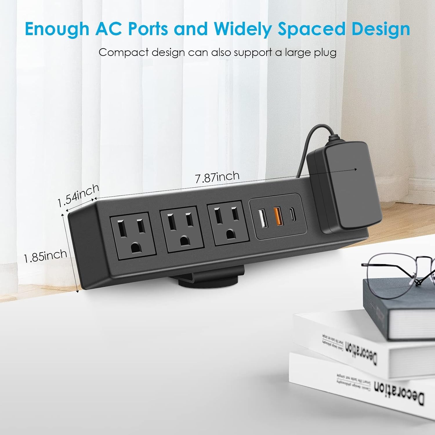 Desk Clamp Power Strip with USB-A and USB-C Ports, Desktop Mount Surge Protector 1200J, Widely Spaced Desk Outlet Station, Fast Charging, 6 FT Flat Plug, Fit 1.9 Inch Tabletop Edge. (Black)