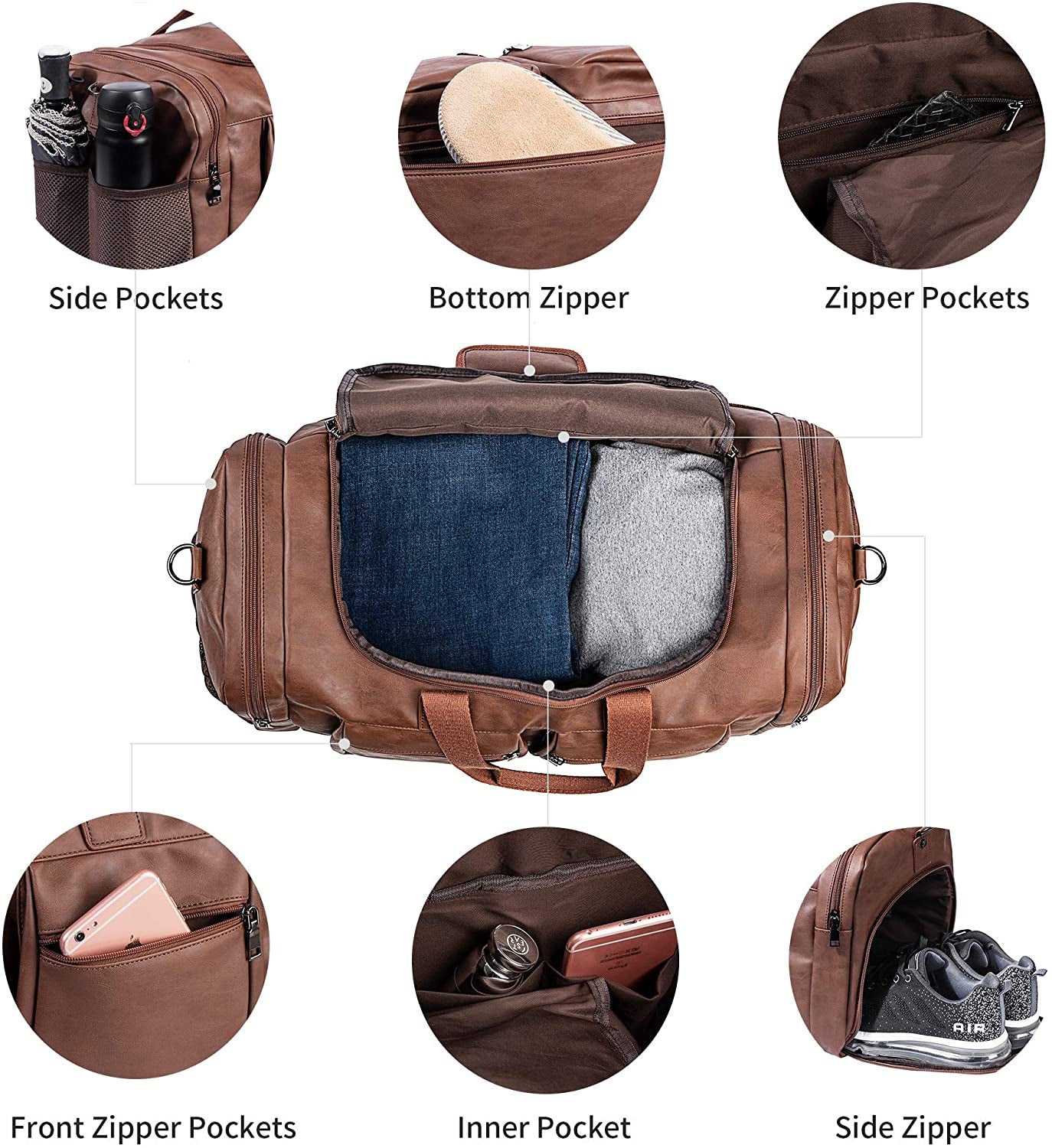 Leather Travel Bag with Shoe Pouch,Weekender Overnight Bag Waterproof Leather Large Carry on Bag Travel Tote Duffel Bag for Men or Women-Brown